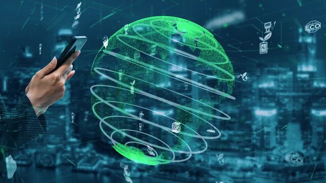This image showcases a hand holding a smartphone in front of a digital globe surrounded by sustainability icons, highlighting the intersection of technology and ecological awareness. Xenic