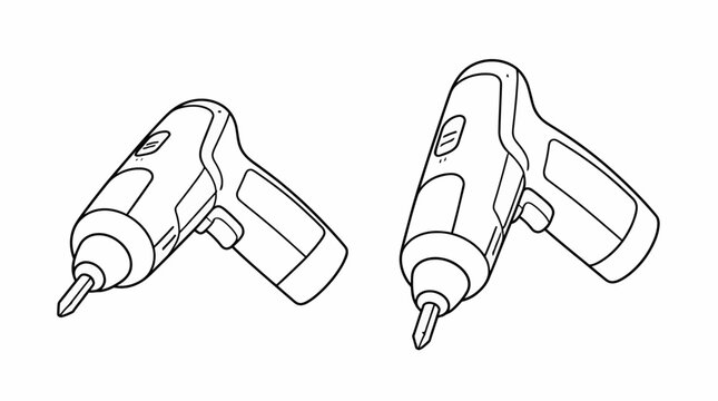 Two cordless power drills in black and white line art.