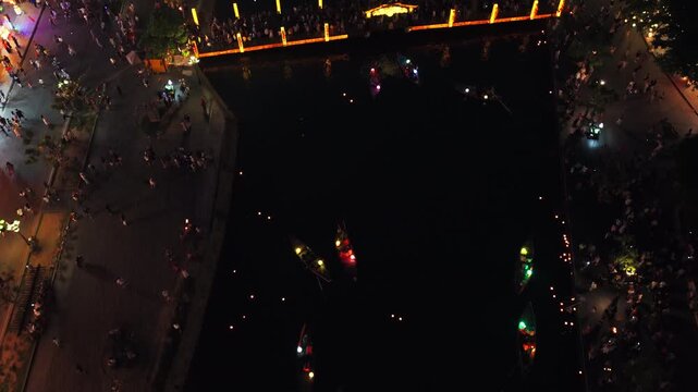 Hoi An Vietnam Bridge River Night Top Down Aerial Drone Dolly Lantern Market Landscape City View