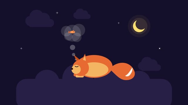 Cute cartoon fox sleeping on a cloud dreaming of a fish at night