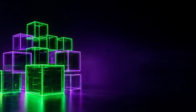 Abstract 3d composition of glowing neon green and purple cubes