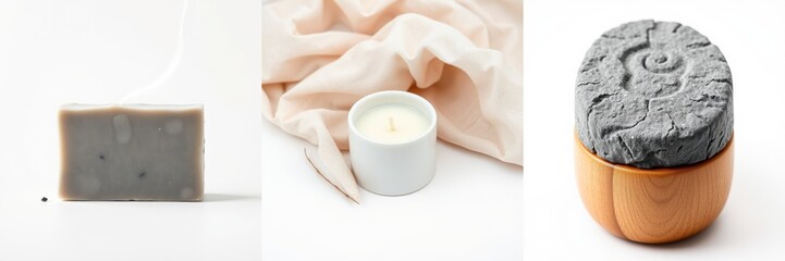 Fototapeta premium Minimalist bathroom products displayed. Soap, candle, wooden holder create relaxing atmosphere. Clean aesthetic, neutral tones present.