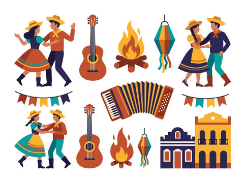 Festa Junina Brazilian Folk Festival Illustration Set with Dancing Couples, Bonfire, Accordion, and Traditional Decor