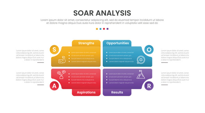 SOAR framework analysis infographic template banner with folder box container with circle badge cut on quadrant structure for slide presentation