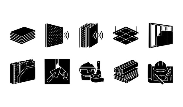 Drywall Construction And Insulation Glyph Icon Pack