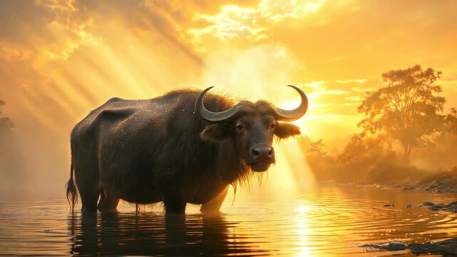 countryside water buffalo in bali indonesia illuminated by golden sunlight video
