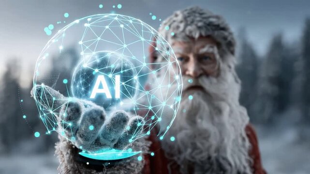 Santa Claus, embodying the spirit of innovation, holds a glowing holographic sphere displaying AI amidst a winter wonderland. ..Created with Generative AI, not depicting real subjects.