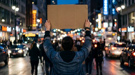 Fototapeta premium Person holding blank protest sign in city street at night, crowd and traffic blurred