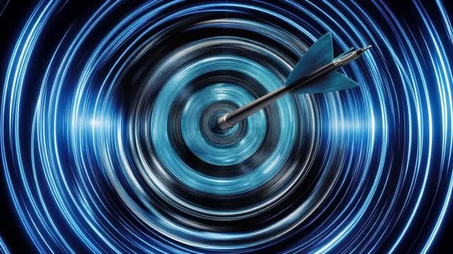 A striking image of a blue arrow piercing the center of a target, set against a hypnotic, glowing blue circular pattern. ..Created with Generative AI, not depicting real subjects.