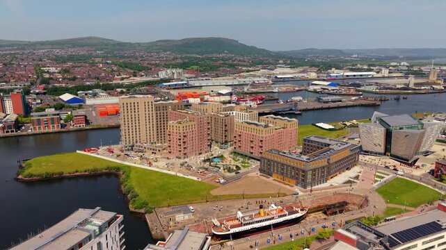 4K aerial video of the construction of Loftlines, a new developement next to Titanic Belfast, in Belfast Northern Ireland in the UK. Produced in 3840x2160 with Rec709 color.