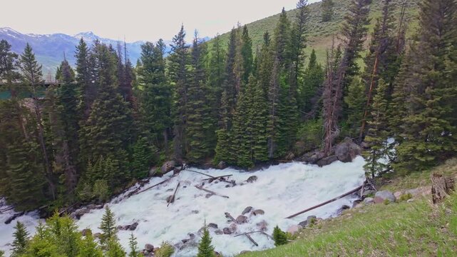 Lake Creek mountain river flows harshly through rocky terrain along the Beartooth Highway in Wyoming