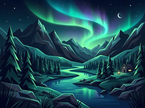 Northern lights over mountain cabin vector illustration