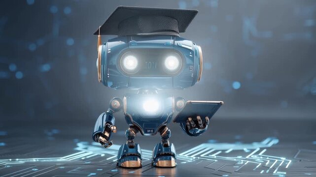A futuristic robot wearing a graduation cap and holding a tablet, stands on a circuit board background, symbolizing artificial intelligence. ..Created with Generative AI, not depicting real subjects.