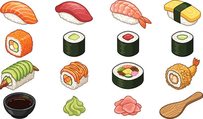 Sushi and Japanese food collection with nigiri rolls soy sauce and traditional cuisine vector illustration © Prodip