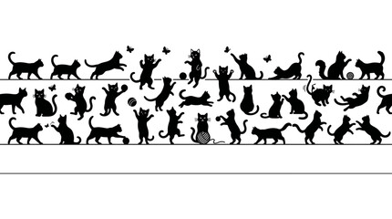 Playful Cat Silhouettes Border - Many Cats in Various Poses © Biru
