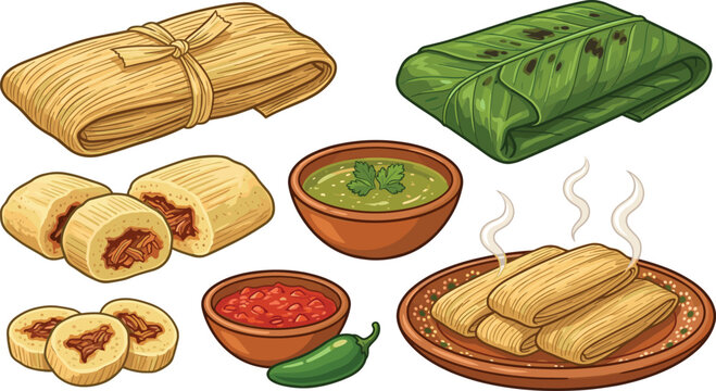Traditional tamales collection with corn husk wraps fillings sauces and authentic Mexican food vector illustration
