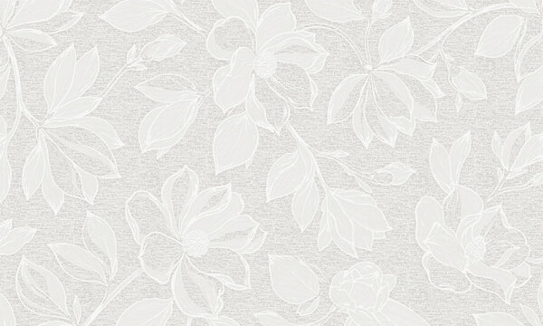 A delicate monochrome floral pattern displaying white botanical line-art sketches of blooming flowers over a textured, light gray background.
