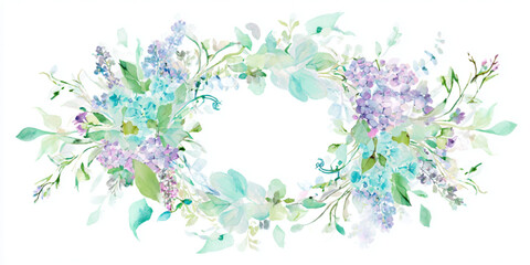 Fototapeta premium Watercolor floral wreath with purple lilac and turquoise botanical elements.