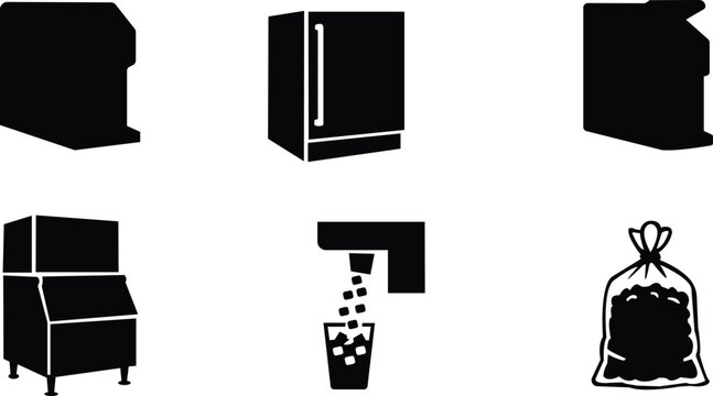 Ice Machine Icons, Commercial Refrigerator, Ice Maker, Bagged Ice, Beverage Dispenser, Vector Graphics Set isolated on transparent background.