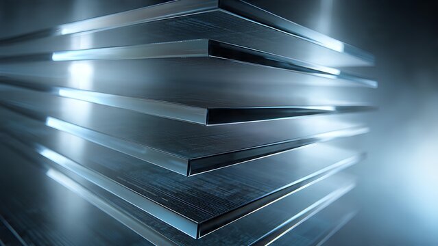 A stack of shiny, brushed metal sheets with sharp edges and reflective surfaces, suggesting industrial raw materials.