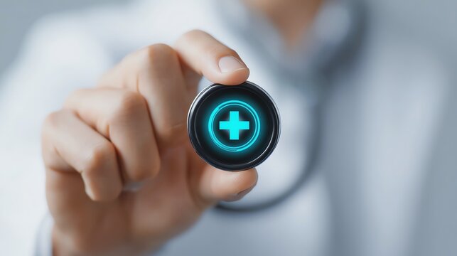 Doctor holding a digital health icon.