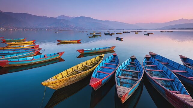 Colorful boats on serene water during sunset.