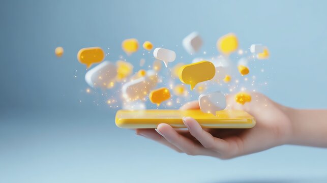 Hand holding smartphone with digital bubbles.