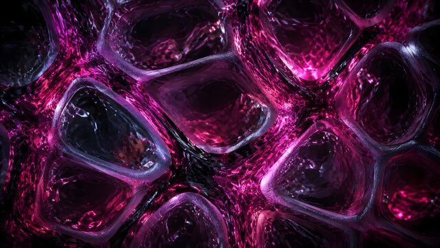 3D abstract parametric background with translucent voronoi glass cells and glowing neon magenta liquid streams