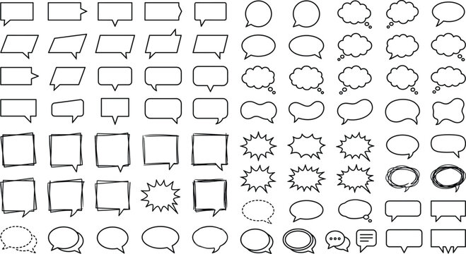 Speech bubble chat cloud and comic message box thin line icon mega set with scribble text frames template
