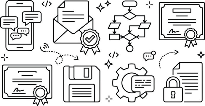 Software documentation certificate data security and digital workflow thin line icon set with smartphone flowchart certificate floppy disk