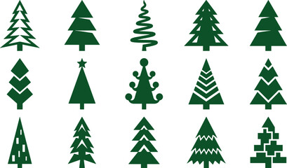 Fototapeta premium Christmas tree silhouette collection with modern evergreen pine icons and holiday decoration vector illustration set