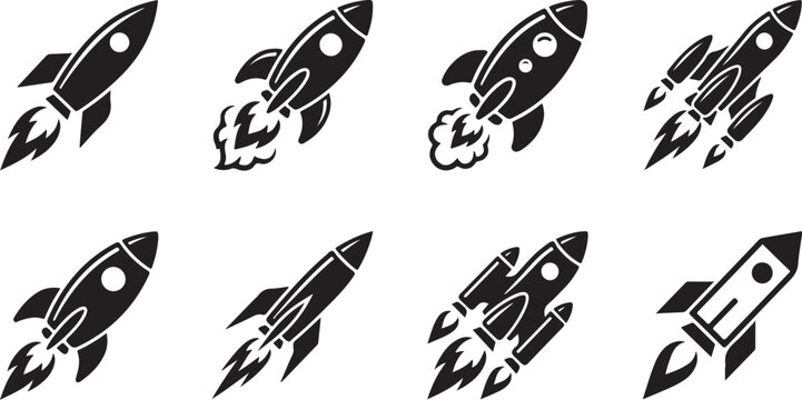 Black and white rocket launch icons set