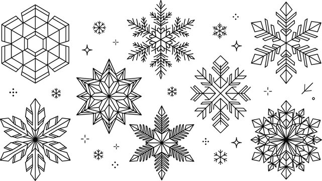 Winter snowflake decoration and geometric ice crystal thin line icon set with diverse ornate frozen weather ornament elements