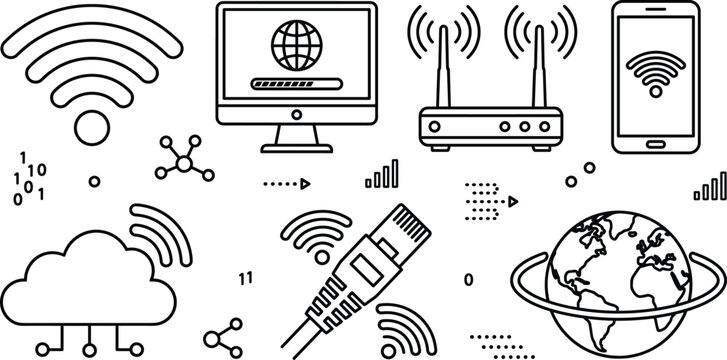 Wireless internet connection and digital telecommunication thin line icon set with wifi router cloud computer data network globe