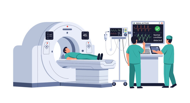 Medical Scan: Patient on CT Scanner with Doctors Viewing Data