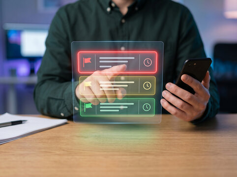 Businessman holding smartphone touching virtual task priority interface concept of project management productivity tracking deadline schedule planning and workflow organization