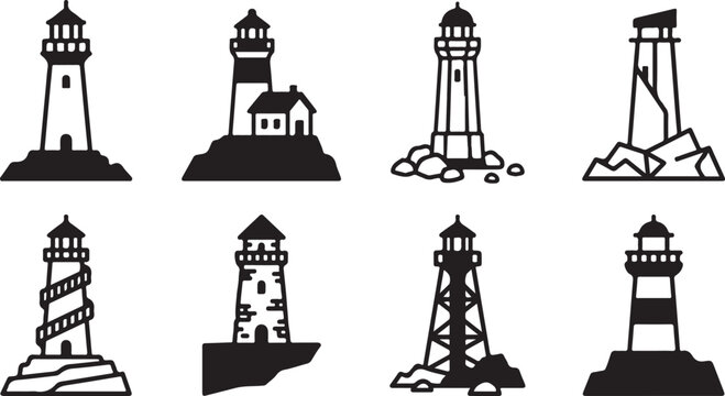 Black and white lighthouse vector illustrations set