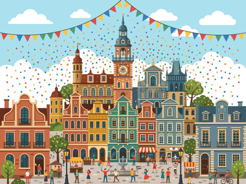 Festive European City Square Illustration with People Celebrating and Historic Architecture