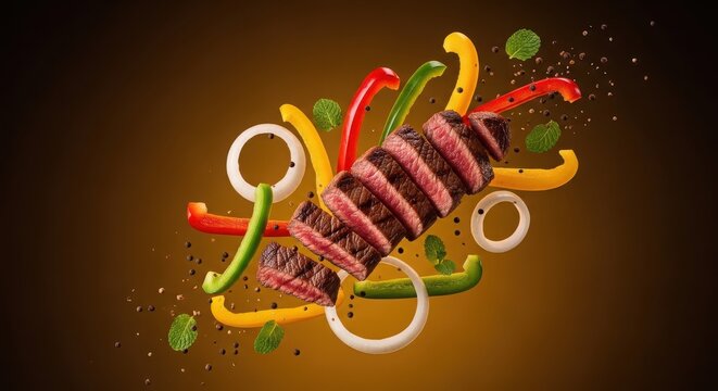 Grilled steak slices with bell peppers, onion rings, and fresh mint leaves