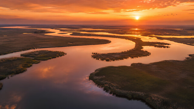 Aerial view of a meandering river through wetlands during a beautiful golden sunset