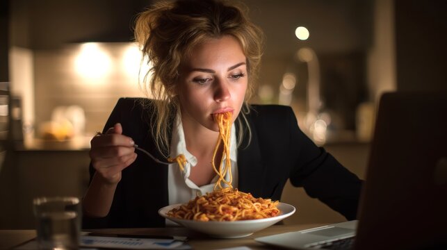 Young woman eating spaghetti late at night while working on laptop