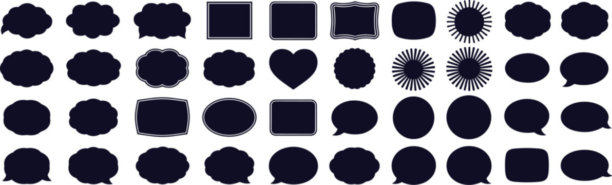 Assortment of dark blue speech bubbles and decorative shapes