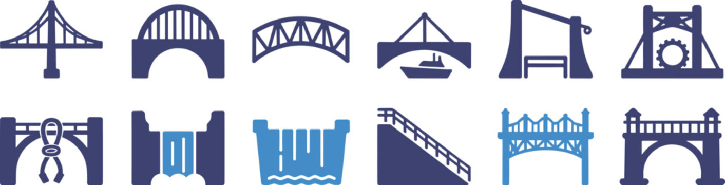 Collection of bridge and dam icons in blue and dark blue