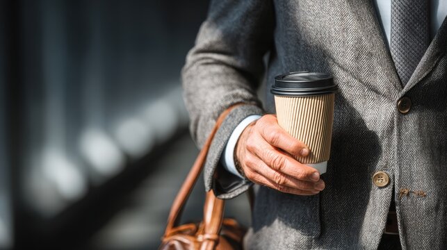 A businessman carries a portable coffee cup, is wearing a formal suit, and slings a large business briefcase as he commutes to work in the morning.