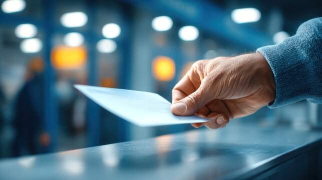 A man is handing a piece of paper to a public relations officer in the office.