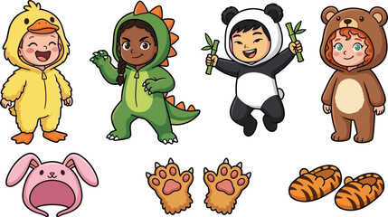 Cute children animal costume collection with kids dressed as duck dinosaur panda and bear cartoon characters © Prodip