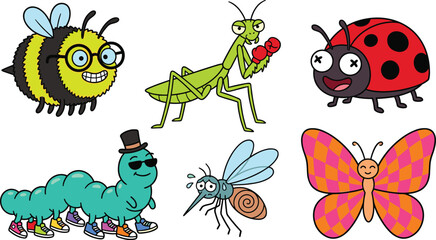 Cute cartoon insect collection with bee butterfly ladybug mantis and funny bug characters vector illustration © Prodip