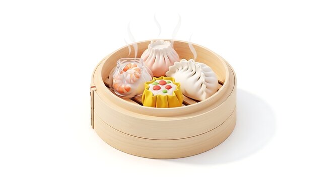 Steaming dim sum selection in traditional bamboo steamer basket
