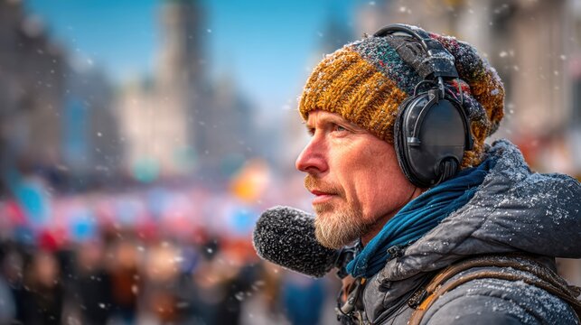 A male reporter wears a beanie and headphones while outdoors in the snow during winter.