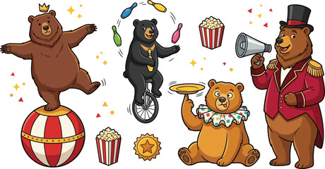 Cute circus bear collection with juggling balancing clown acts and carnival cartoon animal vector illustration © Prodip
